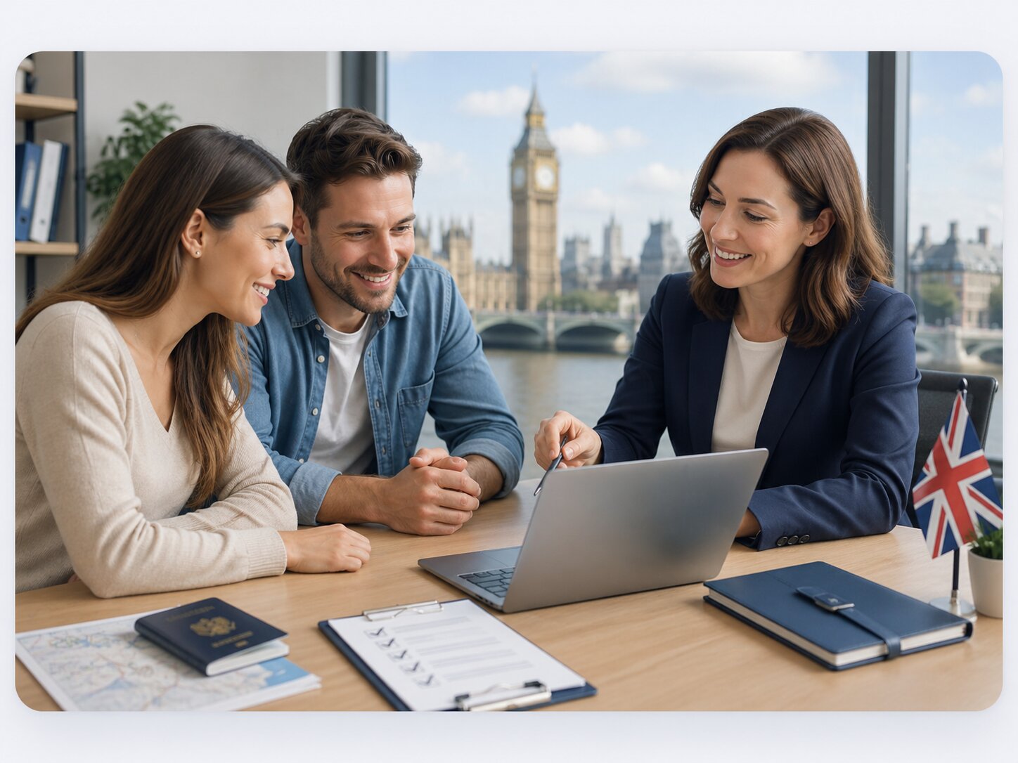 UK Visa Online consultant helping a couple with their UK ETA application, Big Ben in the background